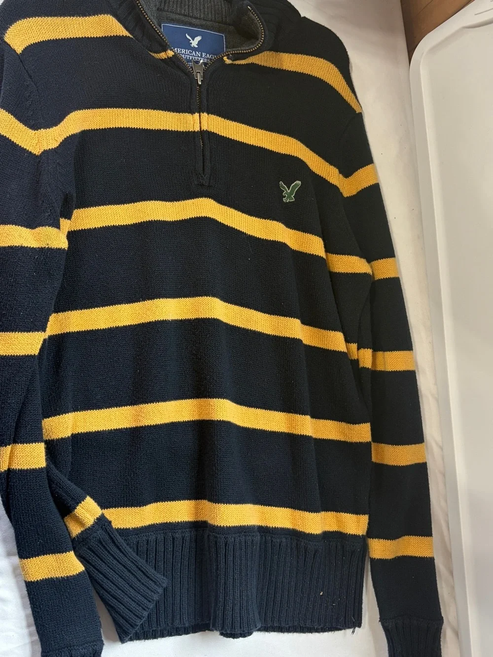 American Eagle Outfitters Navy and Yellow Striped Half-Zip Sweater